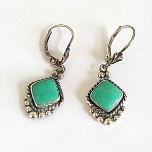 Vintage Boho Sterling Silver Green Turquoise Western Drop Dangle Earrings